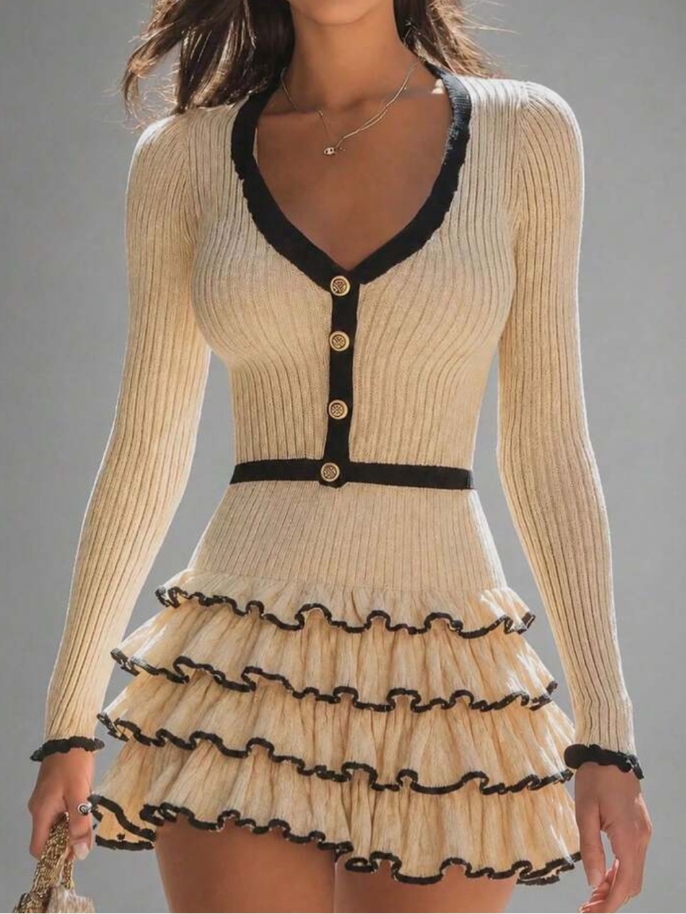 Women Sleeve Dress, V Neck Knit Dress With Contrast Trim Gold Buttons